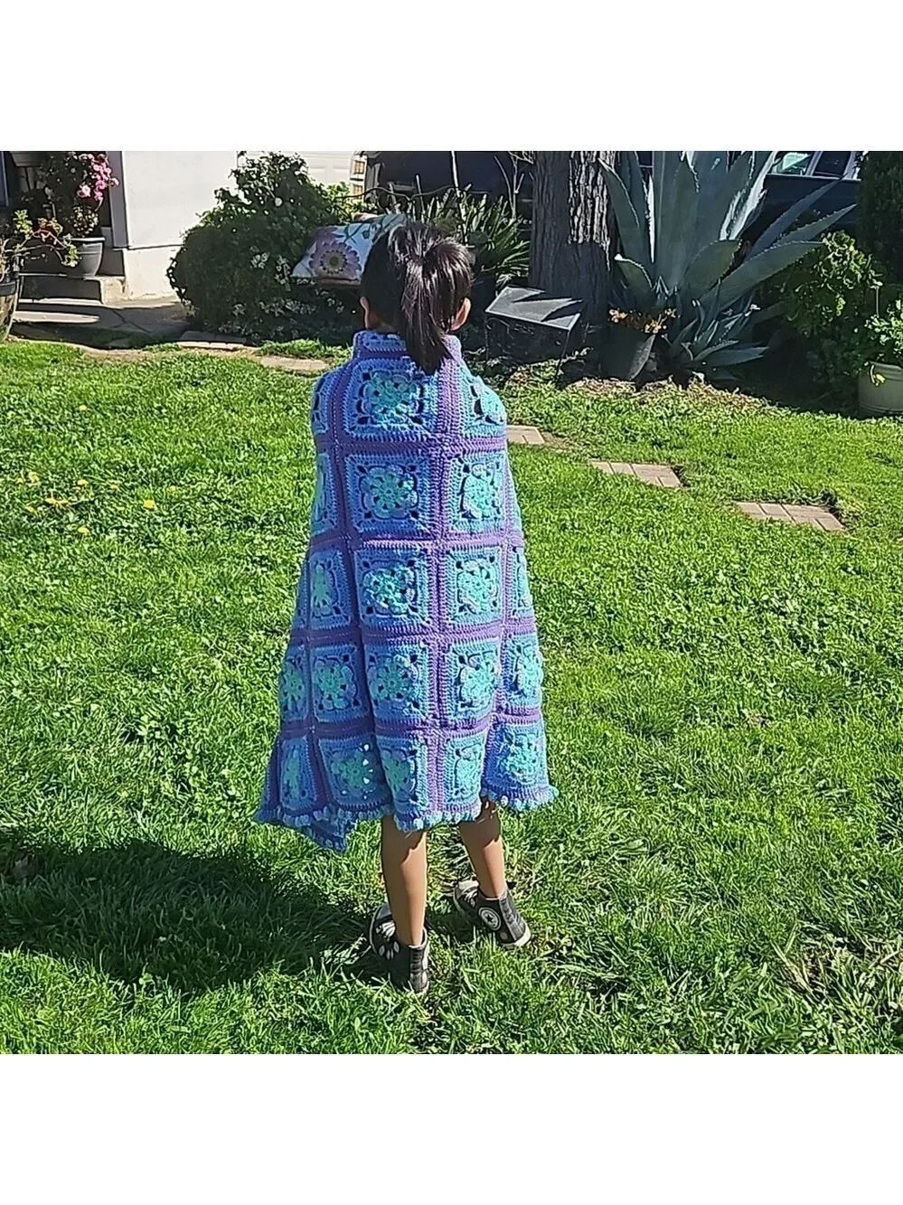 Hand Crafted Purple Blue Aqua Crochet Blanket Granny Square Throw